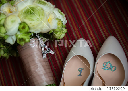 wedding shoes and bouquet  15870209
