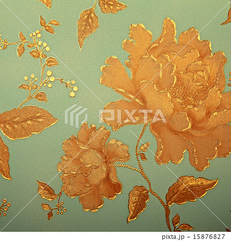 Vintage blue wallpaper with golden rose pattern 15876827