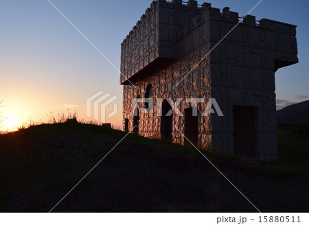 夕日をあびた恋人の聖地 厚田公園展望台の写真素材