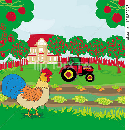 Rural Landscape Rooster Tractor And Orchardのイラスト素材 1533