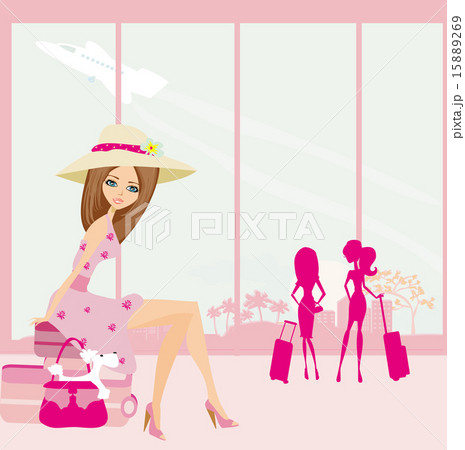 beautiful traveler girl with luggage in airport 15889269