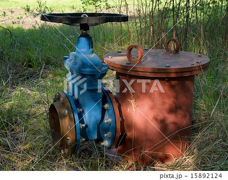 Old expansion pipe of drink water with blue valve  15892124