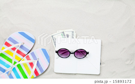 flip flops and classic notebook with sunglasses flip flops and classic notebook with sunglasses 15893172