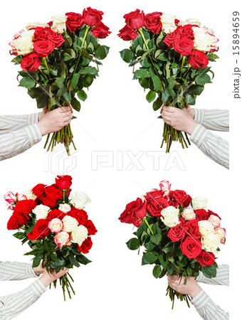 set of bunches of many rose flowers in male hands 15894659