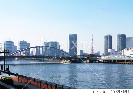 隅田川風景 築地大橋と東京タワー の写真素材