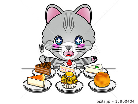 ケーキを食べる猫のイラスト素材