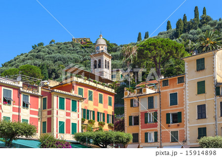 Belfry and colorful houses of Portofino. Belfry and colorful houses of Portofino. 15914898