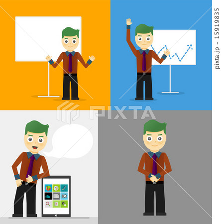 Poses of young businessmen, presentation white board, leaning on tablet concept and confident Poses of young businessmen, presentation white board, leaning on tablet concept and confident 15919835
