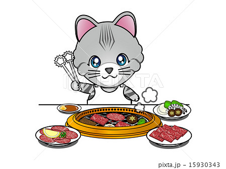 焼肉を食べる猫のイラスト素材