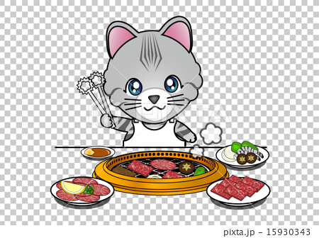焼肉を食べる猫のイラスト素材