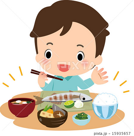 和食の晩御飯を食べる男性のイラスト素材