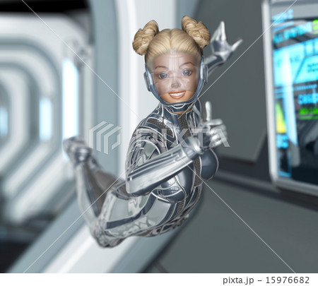 宇宙ステーションの中の女性クルー　perming 3DCG 15976682
