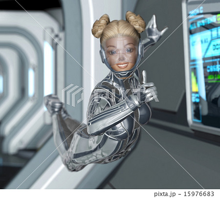 宇宙ステーションの中の女性クルー　perming 3DCG 15976683