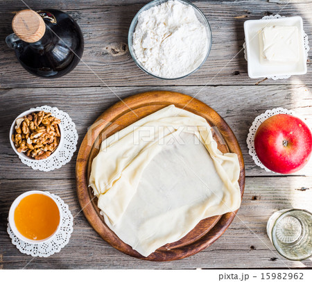 Ingredients for making baklava, phyllo dough Ingredients for making baklava, phyllo dough 15982962