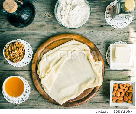 Ingredients for making baklava, phyllo dough 15982967