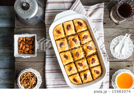 baklava with honey and nuts, rustic, Turkish baklava with honey and nuts, rustic, Turkish 15983074