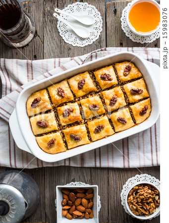 sweet baklava with honey and nuts, rustic sweet baklava with honey and nuts, rustic 15983076