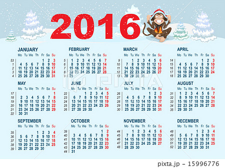 2016 Calendar template. Monkey is sitting on snow 15996776