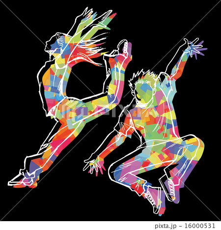 ジャズダンサーのスケッチ風 カラフルシルエット黒背景 のイラスト素材