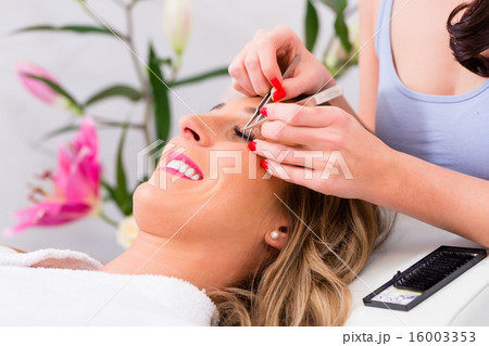Woman receiving false eye lashes in beauty studio 16003353