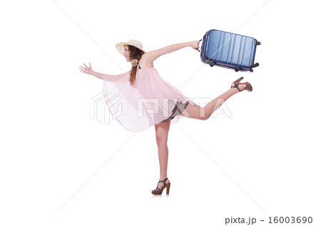 Young woman with suitcase isolated on white Young woman with suitcase isolated on white 16003690