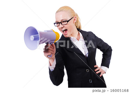 Woman businesswoman with loudspeaker on white 16005168