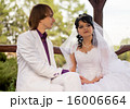 Couple love bride and groom posing sitting on wood 16006664