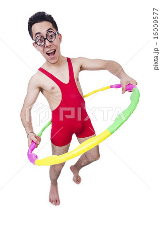 Funny sportsman with hula hoop on white Funny sportsman with hula hoop on white 16009577