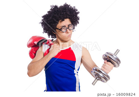 Funny man exercising with dumbbells 16009824