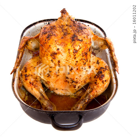 baked chicken in a roasting pan on a white background baked chicken in a roasting pan on a white background 16011202