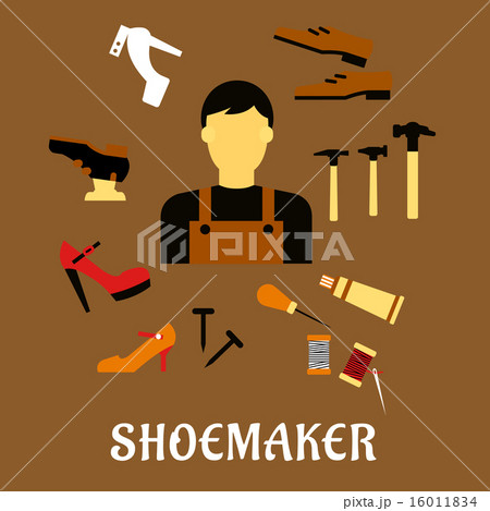 Shoemaker with tools and shoes in flat style 16011834