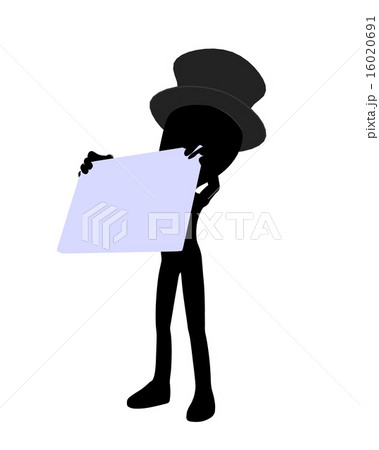 Cute Black Silhouette Top Hat Guy Holding a Blank Business Card 16020691