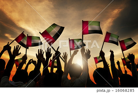 Group of People Waving Flag of UAE in Back Lit 16068285