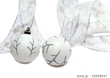 White New Year's balls and decorative tape on a wh 16068847