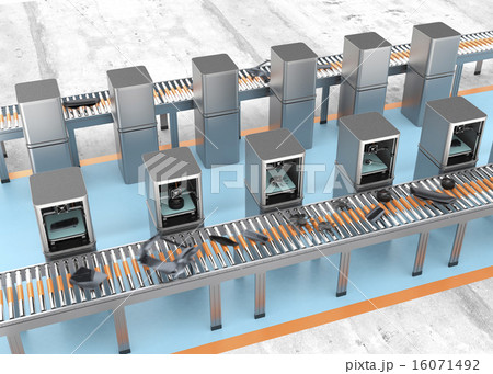3dプリンタ工場で自動車のパーツを生産するコンセプトのイラスト素材