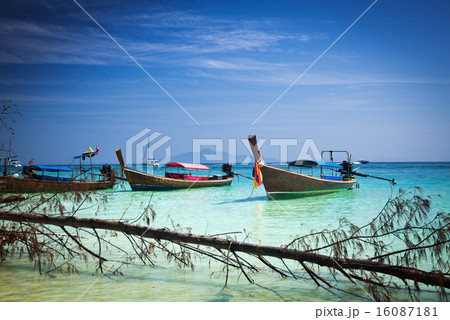 Longtail boats on the beautiful beach, Thailand 16087181