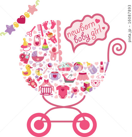 Newborn Baby Girl Icons In Form Of Carriageのイラスト素材
