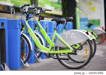 Bicycle for rent parking in a row Bicycle for rent parking in a row 16091986