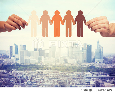 hands holding paper chain multiracial people 16097389