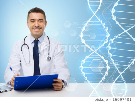 happy doctor with clipboard over blue background 16097401
