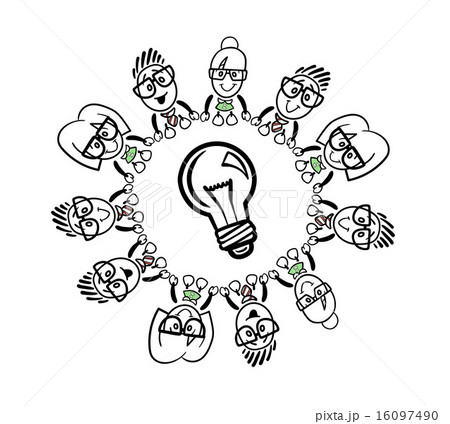 Cute cartoon business people connecting around a bulb 16097490