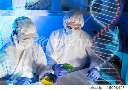 close up of scientists with test samples in lab close up of scientists with test samples in lab 16098493