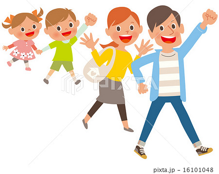 ポップな家族4人が手を上げ駆け寄る01 ポップな家族4人が手を上げ駆け寄る01 16101048