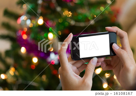 hand using mobile smart phone with colorful light 16108167