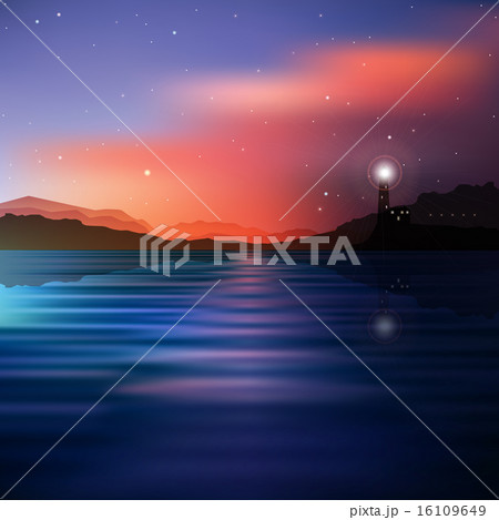 abstract sea background lighthouse and mountains 16109649