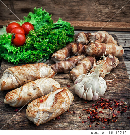 set fried meat sausages on wooden background 16112212