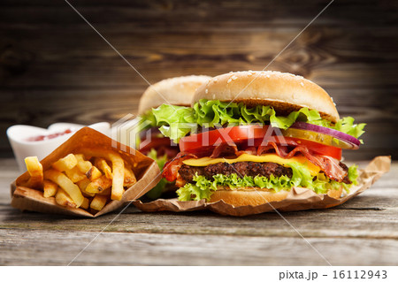 Delicious hamburger and fries 16112943