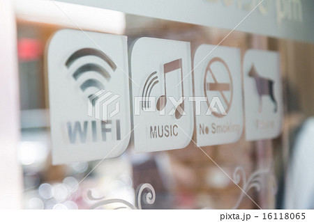 Sign on glass door (Free Wifi,Music,No smoke,Pet in) Sign on glass door (Free Wifi,Music,No smoke,Pet in) 16118065