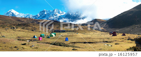 Campsite with tents on the top of high mountains 16125957