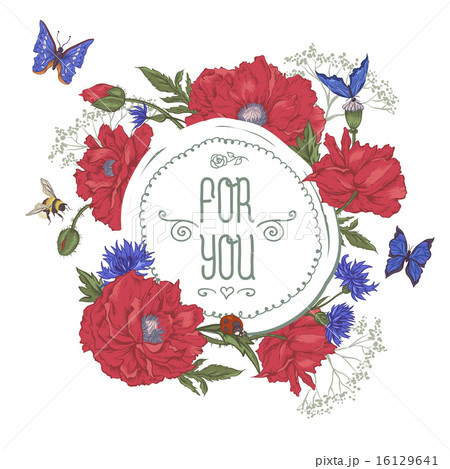 Summer Vintage Greeting Card with Blooming Red Poppies Summer Vintage Greeting Card with Blooming Red Poppies 16129641